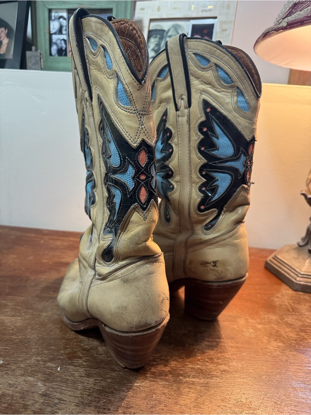 Capezio Tan Leather Western Heeled Boots with Blue and Black Inset